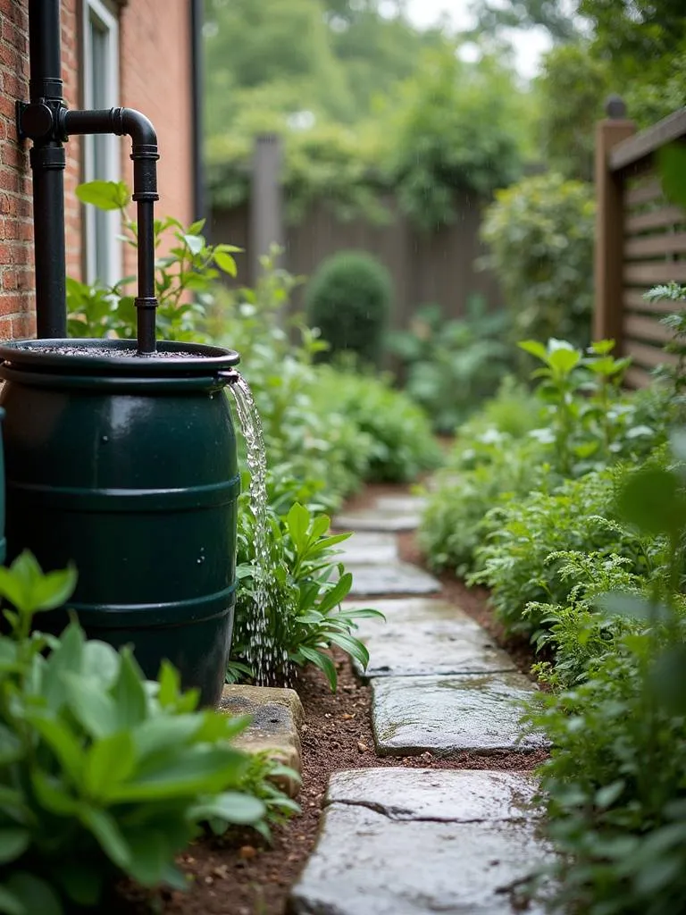 A rainwater harvesting system with a rain barrel overflowing with water in a lush green backyard garden.