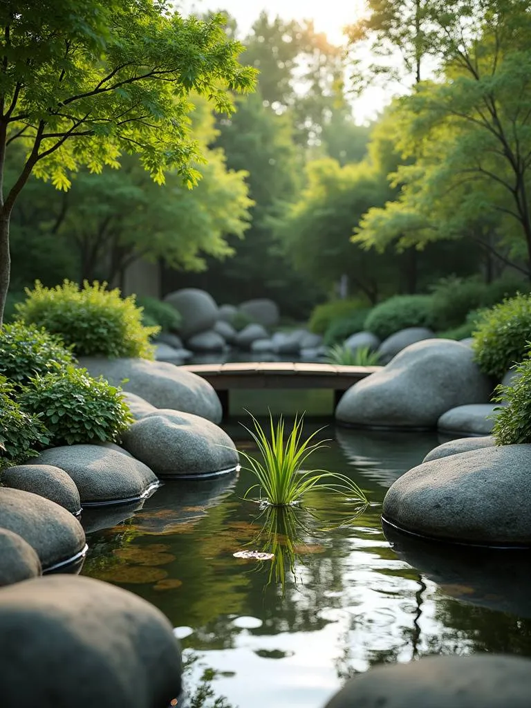 A relaxing backyard pond with surrounding greenery and a small bridge.