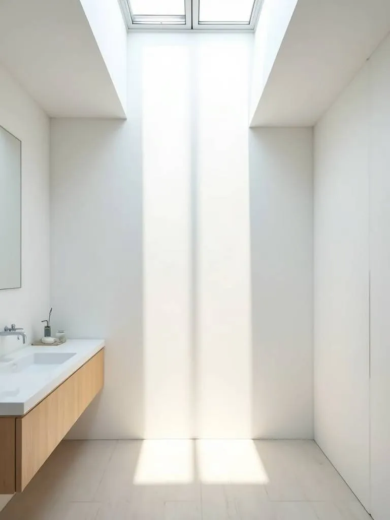 “A bright and airy small bathroom dramatically illuminated by natural light pouring in through a skylight.”