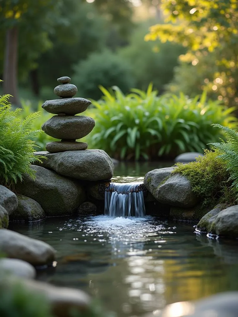 A tranquil stone fountain water feature surrounded by lush greenery in a peaceful garden.