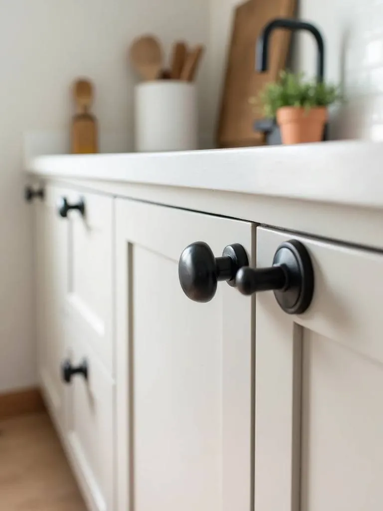 Apartment kitchen cabinets refreshed with new, modern black cabinet hardware.