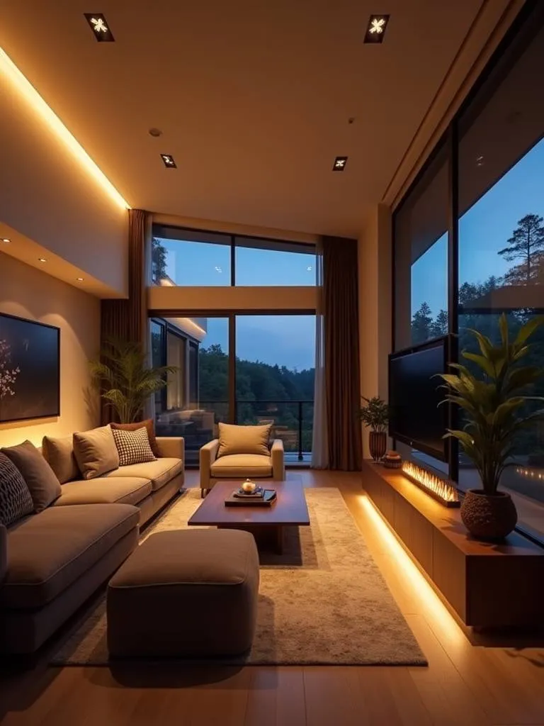 “Modern living room at dusk illuminated by a smart lighting system, creating a warm and cozy ambiance with soft, customizable lighting.”