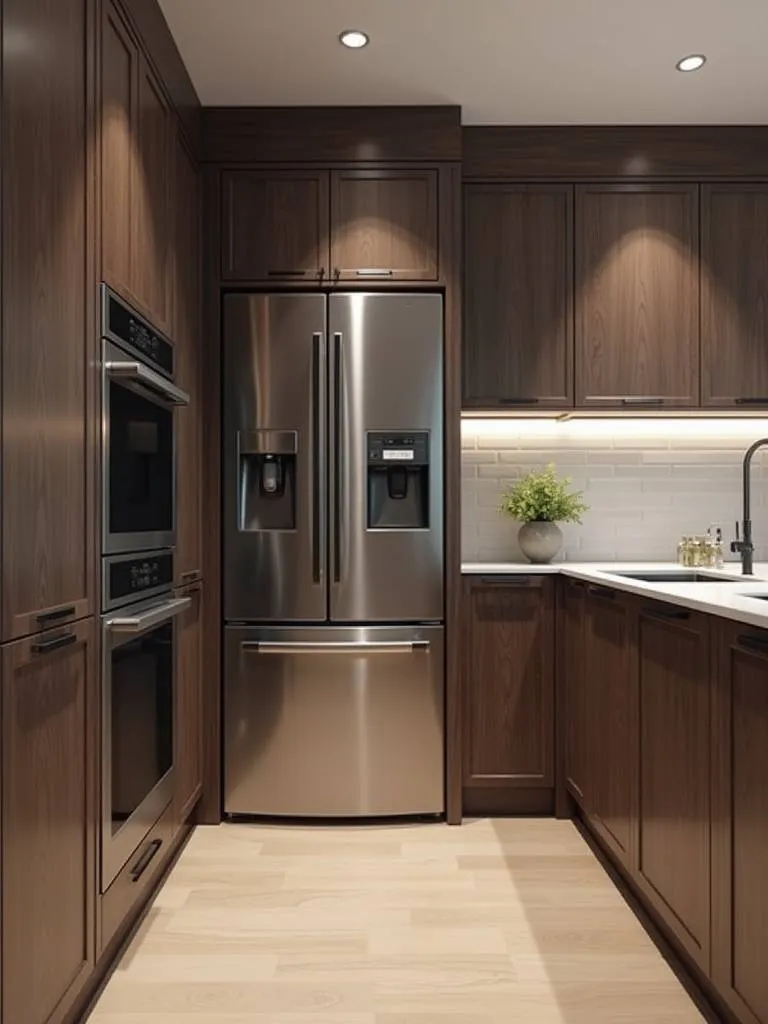 Modern kitchen with integrated refrigerator and dishwasher hidden behind matching cabinet panels