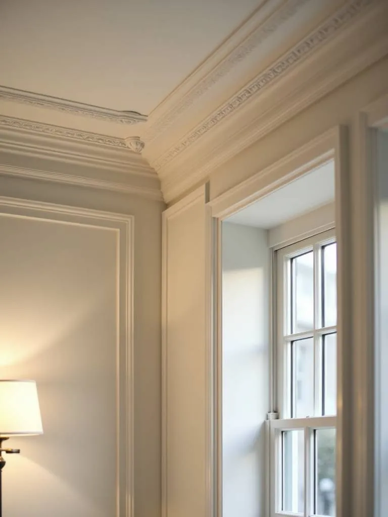 Elegant luxury bedroom showcasing intricate crown molding detail adding architectural sophistication.
