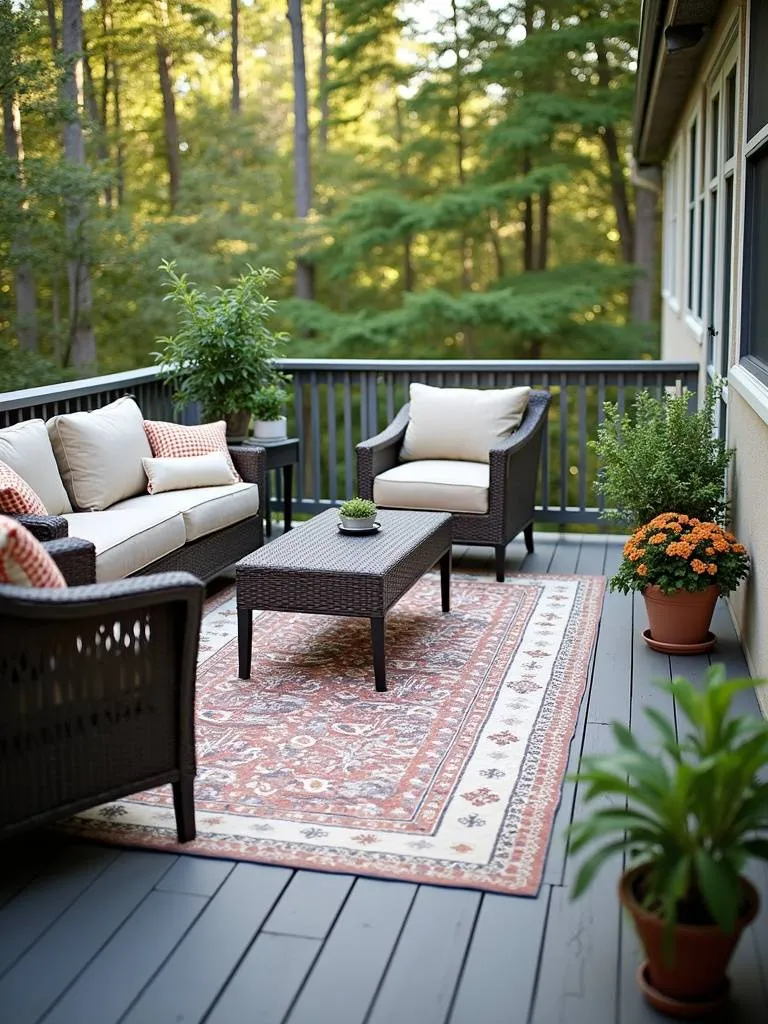 Outdoor deck featuring a patterned outdoor rug that anchors a seating area with wicker furniture and potted plants, creating a warm and inviting space.