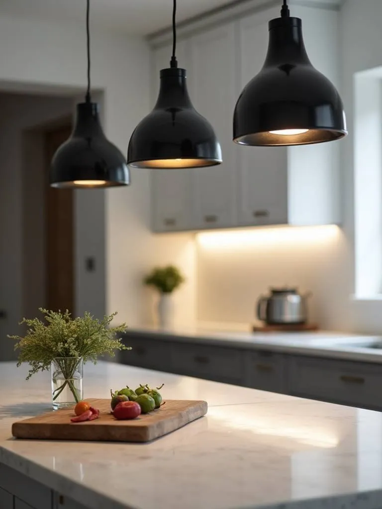 Modern kitchen island illuminated by three pendant lights.