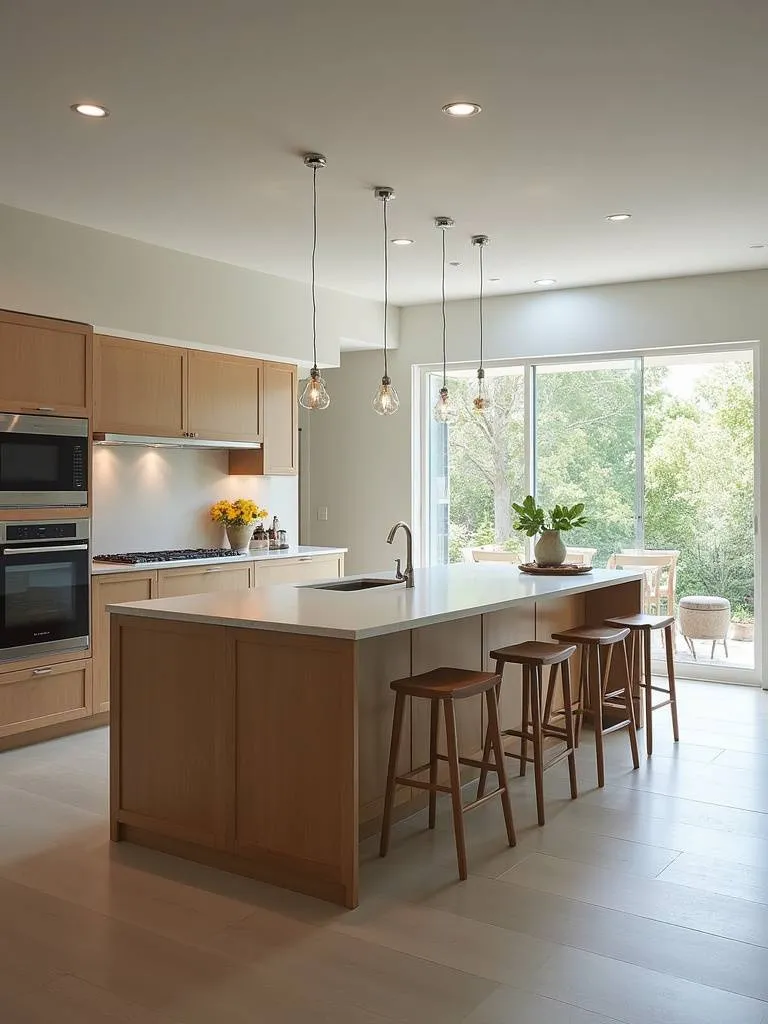 Large, multi-functional kitchen island in a contemporary kitchen with seating and a cooktop