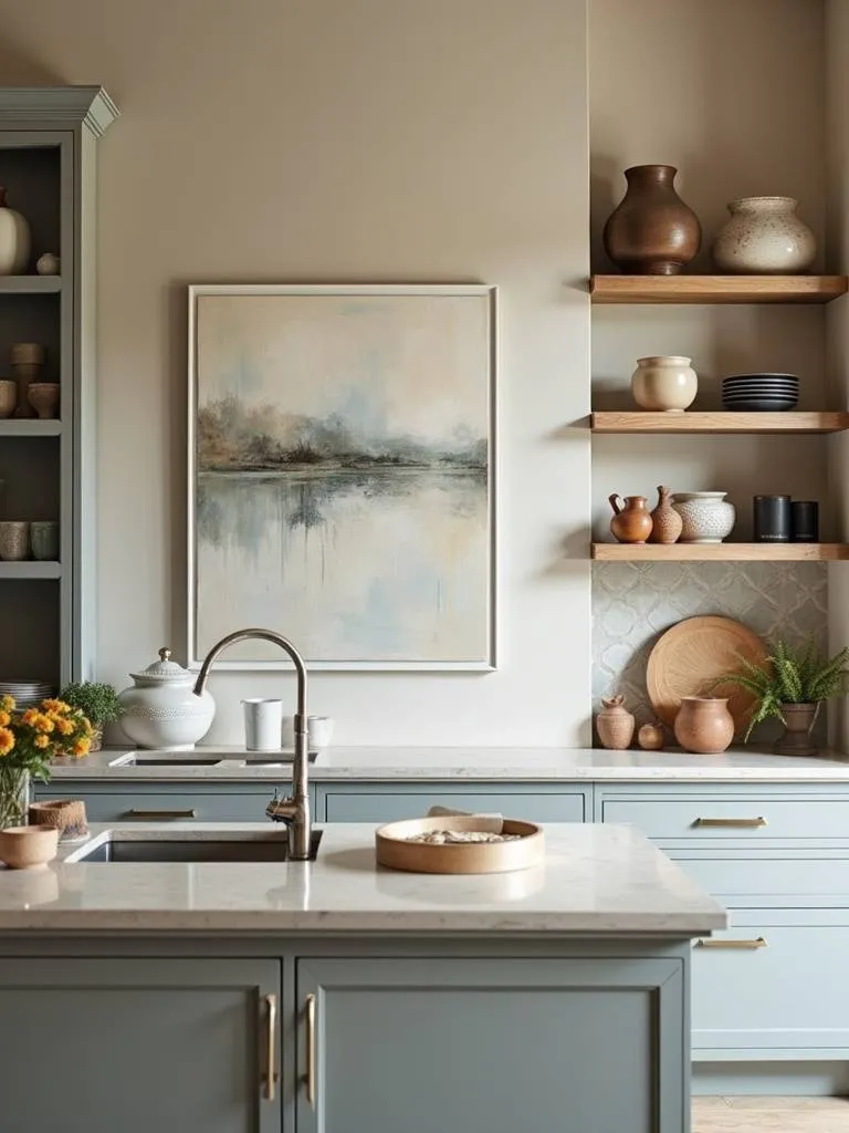 Contemporary kitchen with abstract art and curated decorative objects