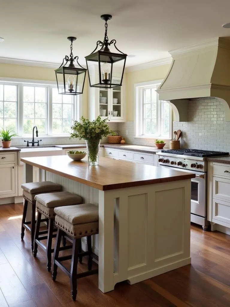 Multi-functional farmhouse kitchen island showcasing storage, seating, and workspace, demonstrating the perfect blend of style and practicality.
