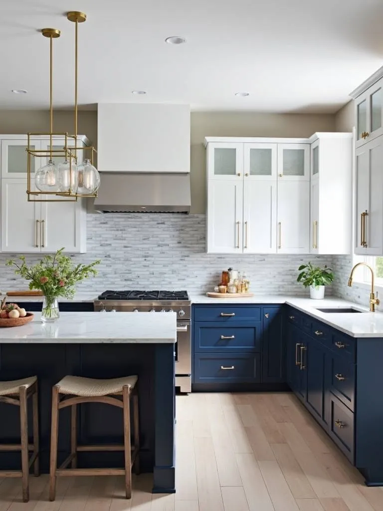 Transitional style kitchen featuring a marble-look ceramic tile backsplash that complements the navy blue and white cabinetry