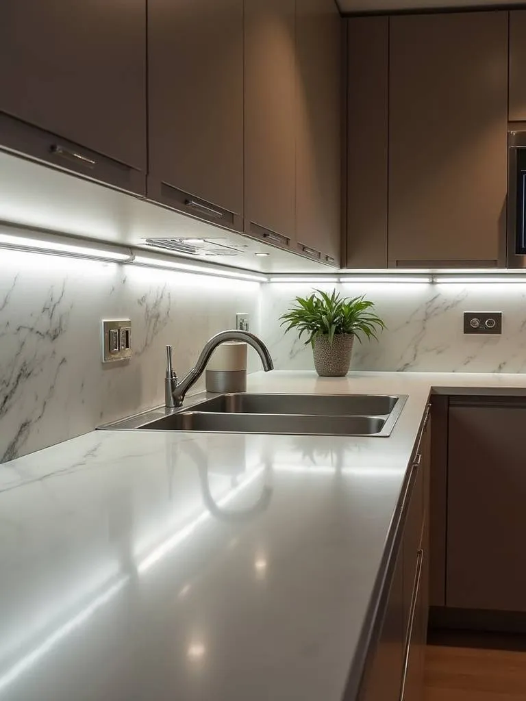 Modern kitchen with LED strip lights under cabinets.