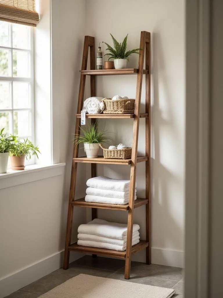 Bathroom with a wooden ladder shelf styled with towels, plants, and baskets