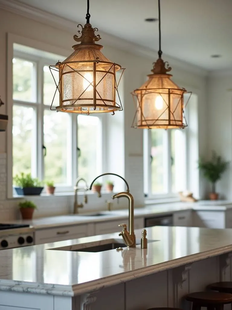 Well lit kitchen with decorative lantern pendant lighting.