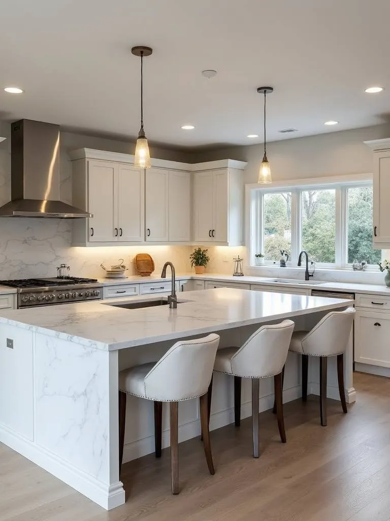 Modern kitchen with a large white marble-topped island providing ample seating and workspace