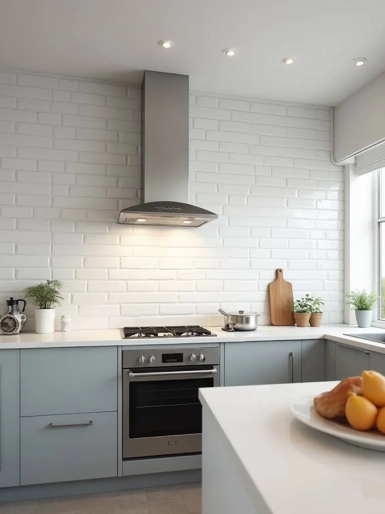 Contemporary kitchen featuring an oversized white rectangular porcelain tile backsplash and light grey cabinets