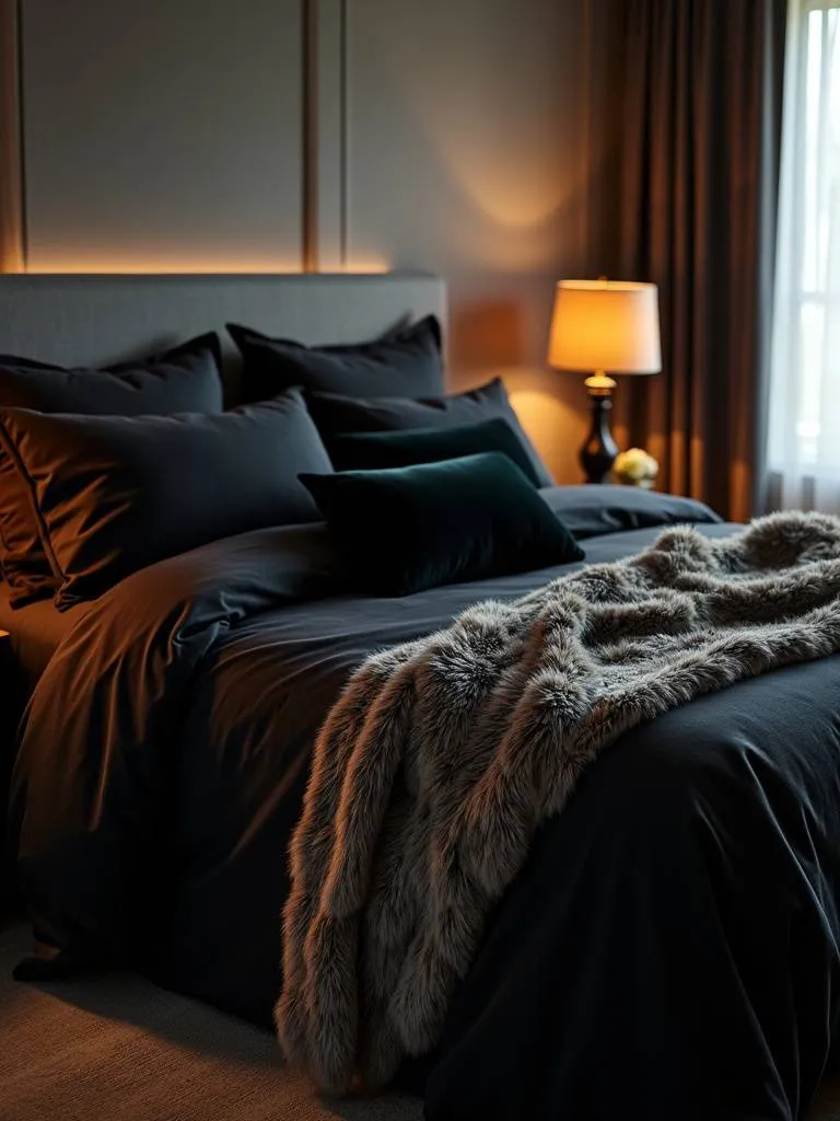 Luxurious king-sized bed with layered black bedding in linen, velvet, and faux fur, illuminated by warm bedside lamp light.