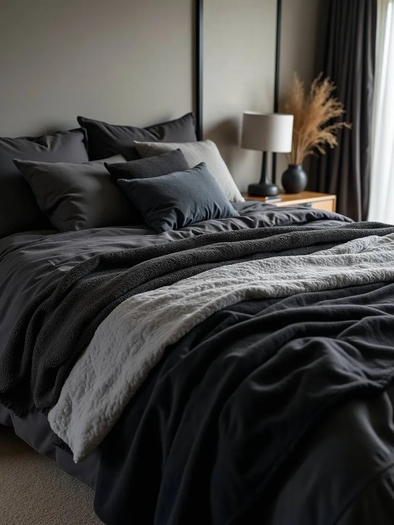 Cozy and textured bedscape featuring layered black and grey textiles in various shades and textures, bathed in soft natural light.