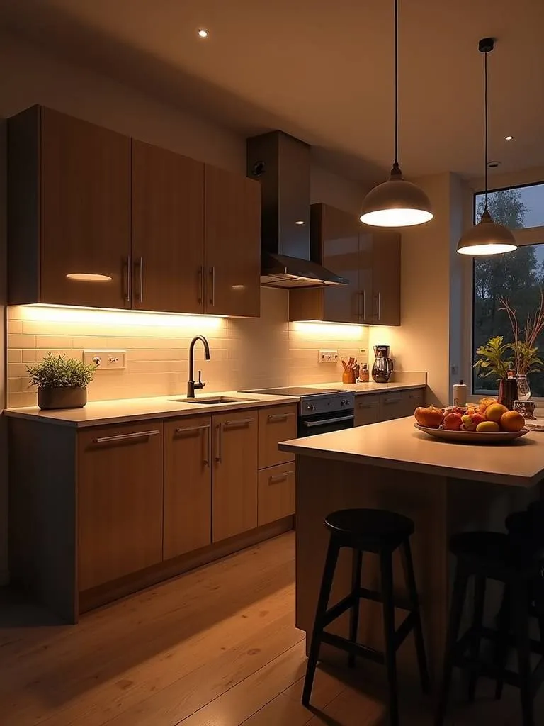 Apartment kitchen with layered lighting, including overhead, under-cabinet, and pendant lights, creating both functionality and ambiance.
