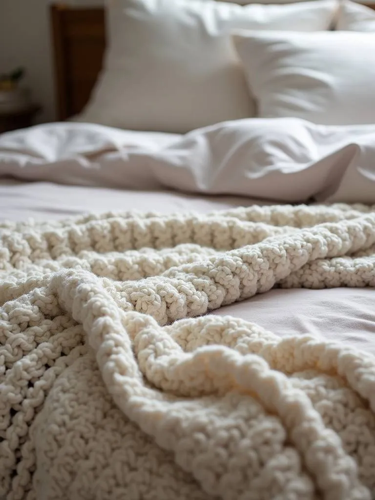 A close-up of a cozy bed featuring layered bedding with linen sheets, a velvet quilt, and a chunky knit throw, highlighting the variety of textures