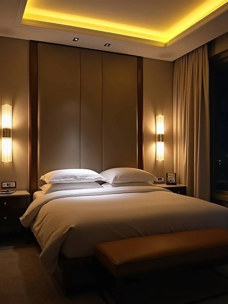 Luxury bedroom demonstrating a well-planned layered lighting scheme for ambiance and functionality.