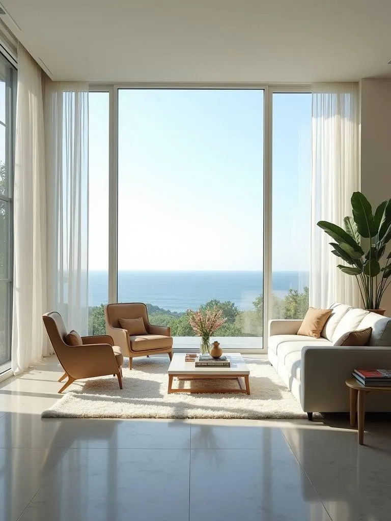 “Bright and airy living room designed to maximize natural light and views, featuring furniture oriented towards large windows, light colors, sheer window treatments, and reflective surfaces.”