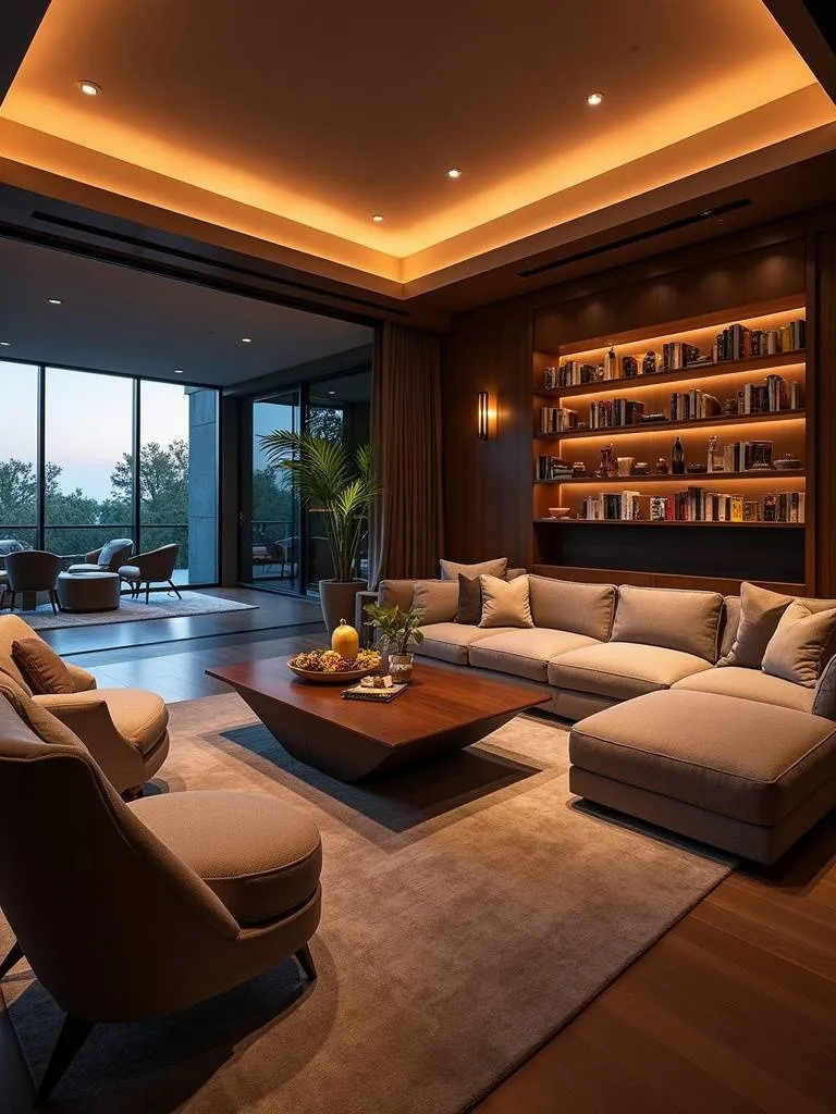 “Living room layout designed for easy entertaining and socializing, featuring ample seating, a central coffee table with drinks, warm ambient lighting, and an open, inviting atmosphere.”