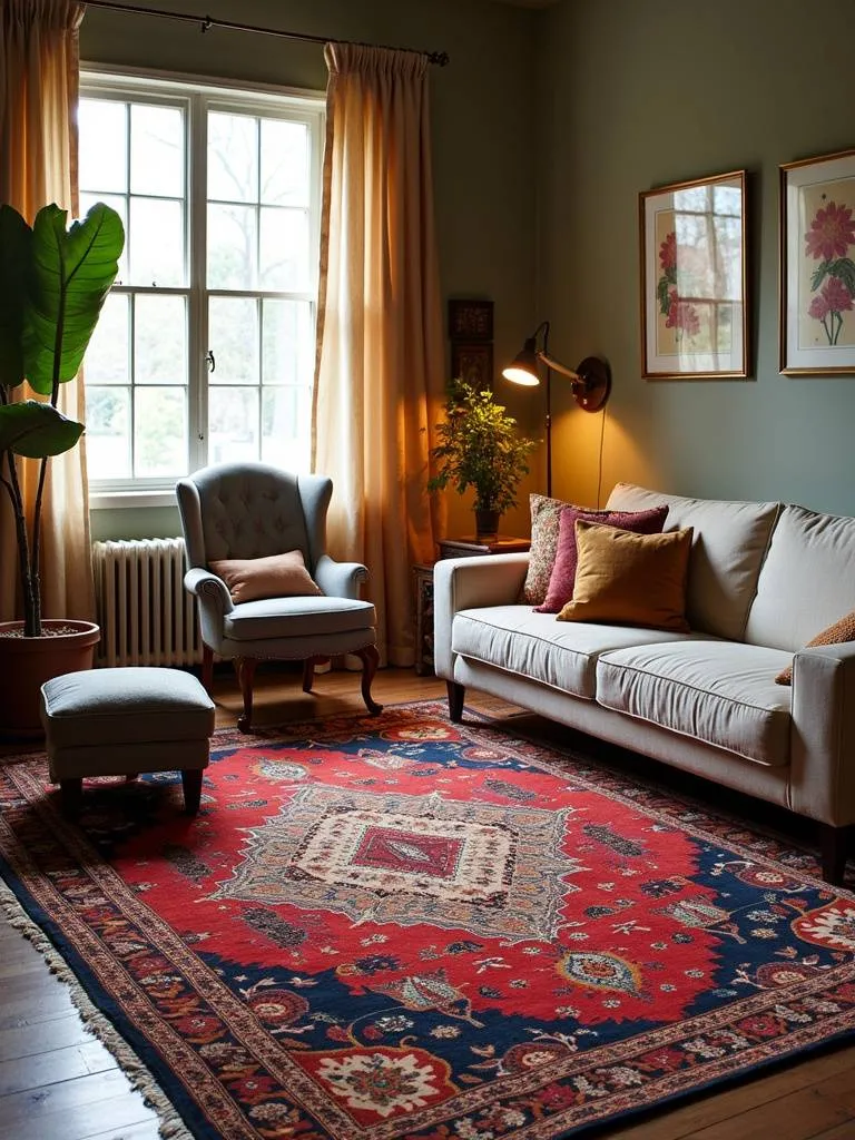 “Living room layout anchored by a large statement rug with bold patterns and vibrant colors, defining the seating area and adding warmth and visual interest to the space.”