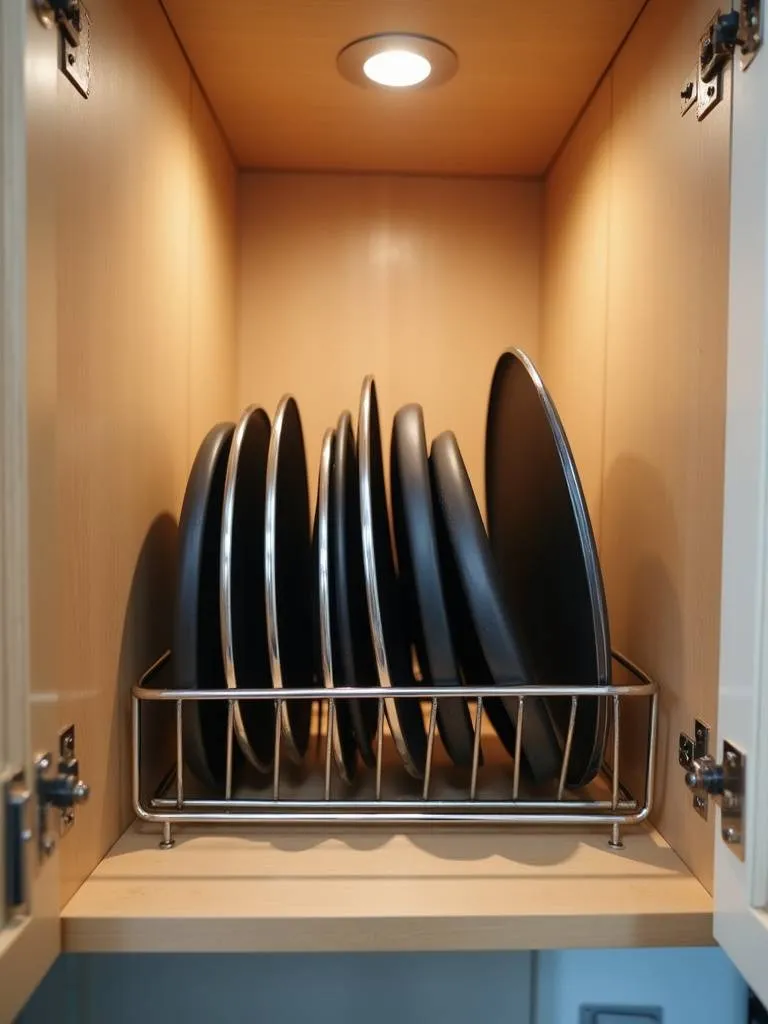 Lid organizer in a kitchen cabinet, neatly storing pot lids vertically for easy access.