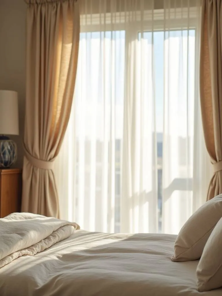 A cozy bedroom scene with light-filtering linen curtains gently swaying, allowing soft natural light to filter into the room, creating a gentle and airy atmosphere