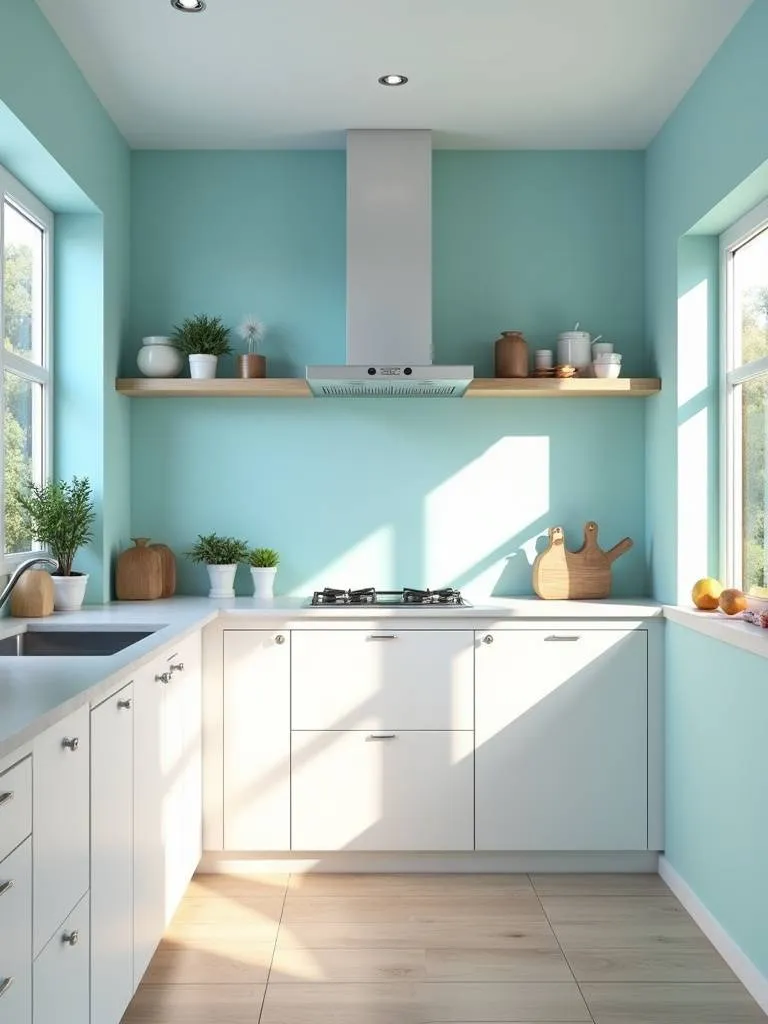 A sunlit kitchen with light sky blue walls and white shelving.