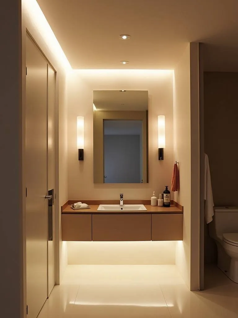 Modern bathroom with layered lighting including recessed lights, sconces, and under-cabinet LEDs