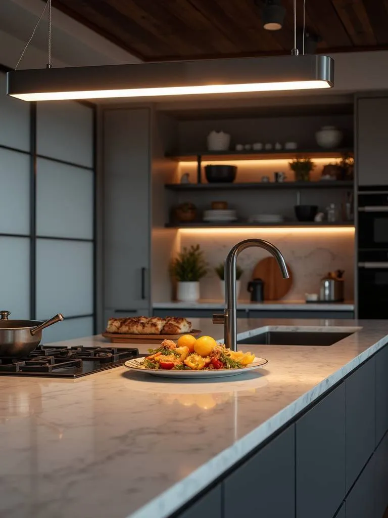 Modern kitchen illuminated by a linear suspension light.
