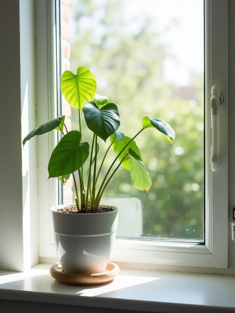 A bright and airy cozy bedroom featuring a lush green potted plant on a windowsill, bathed in natural light, adding a fresh and natural element to the space