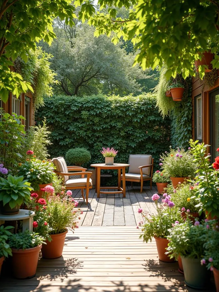 Sunny deck overflowing with lush greenery, featuring a variety of potted plants and flowers in colorful blooms and foliage, creating a vibrant outdoor garden oasis.