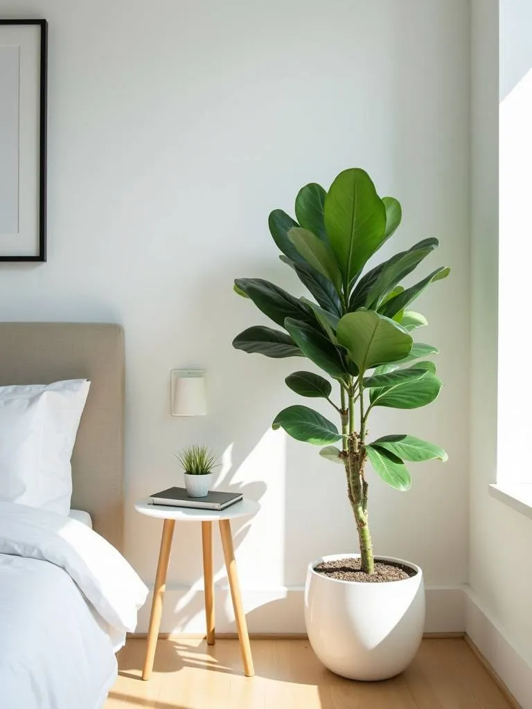 Modern bedroom featuring a large, lush fiddle leaf fig plant in a white pot, bringing greenery indoors.