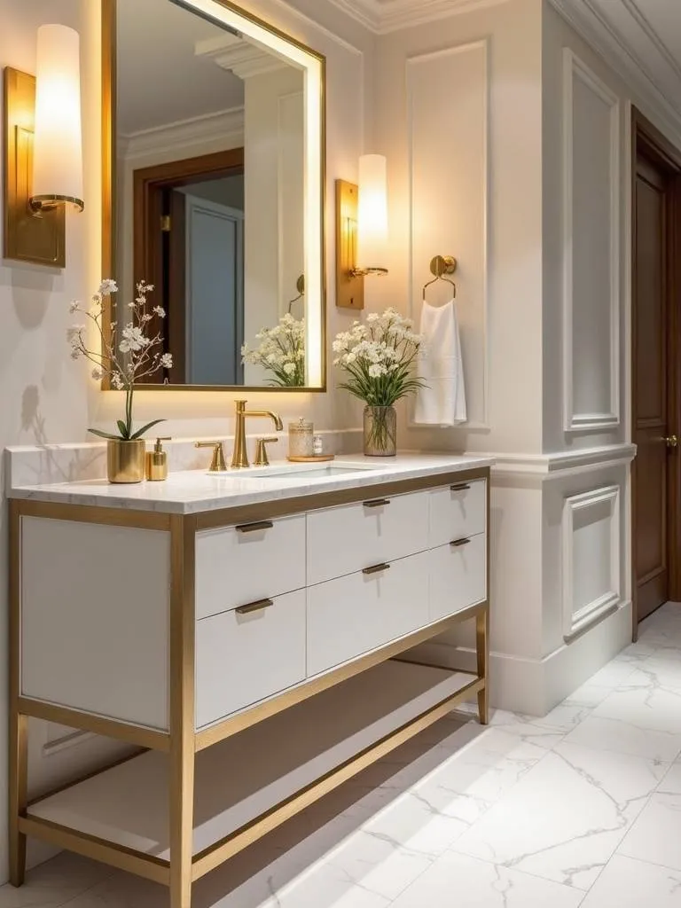A glam modern bathroom featuring vanity lighting with luxurious gold accents that add warmth and opulence to the space, complementing the marble and white details.