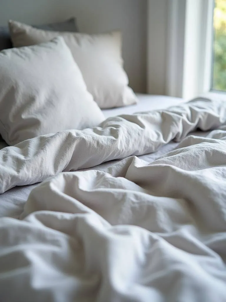Close-up of luxurious, soft light gray linen bedding on a modern bed.