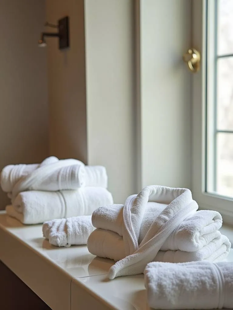 High end luxury bathrobes and towels in a luxury bathroom.