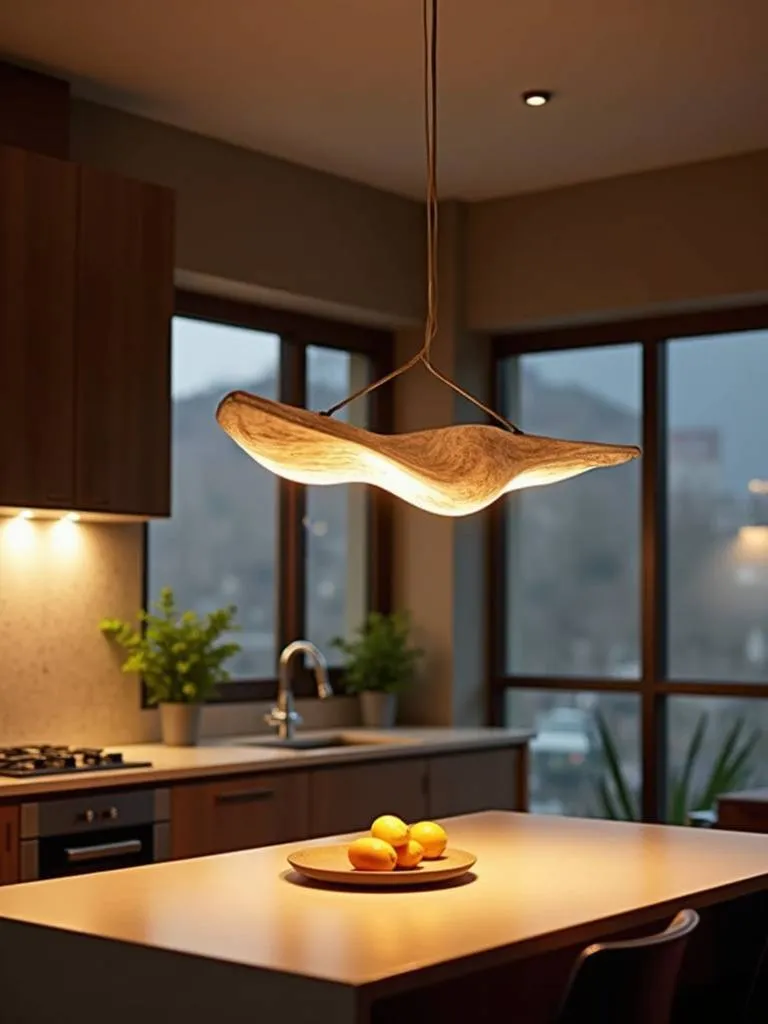 Apartment kitchen with a bold statement pendant light fixture above the kitchen island.