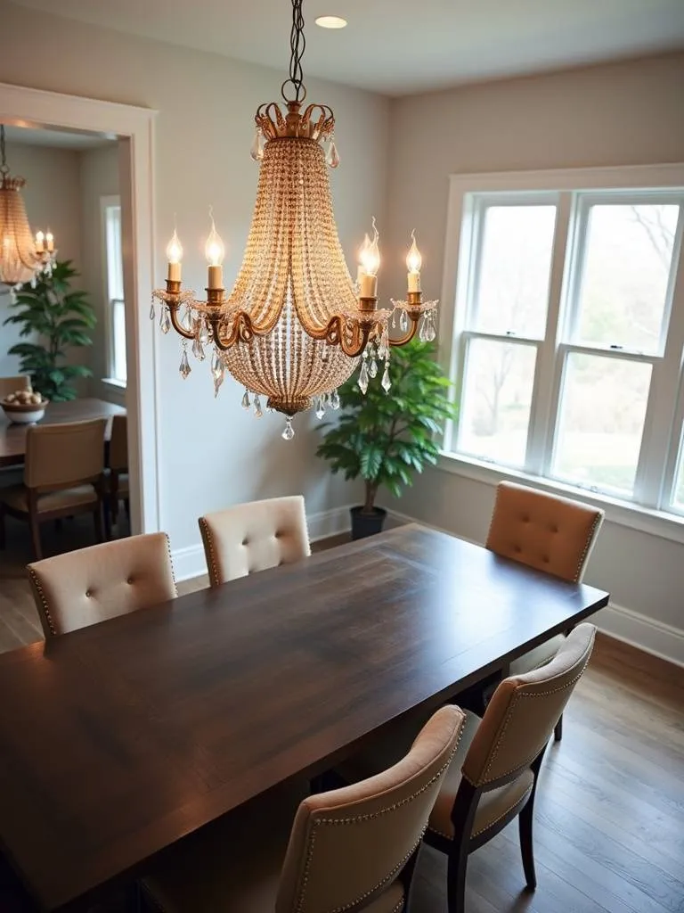 A statement chandelier hangs above a dining table, in a well lit room.