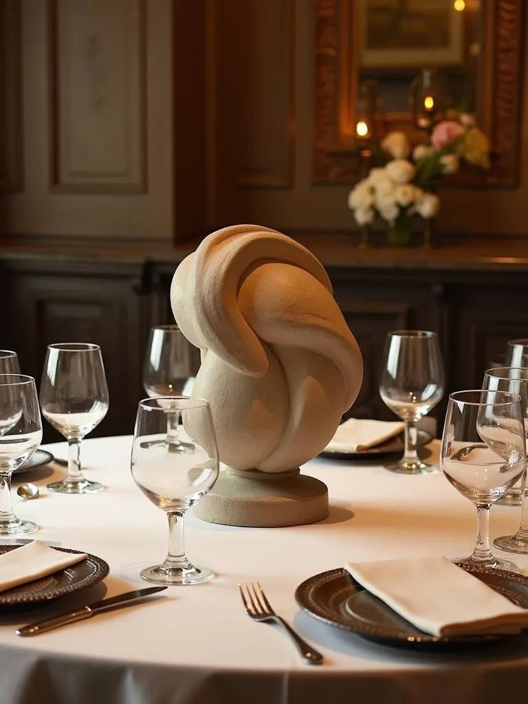 A sculptural centerpiece adds a unique touch to a dining table setting.