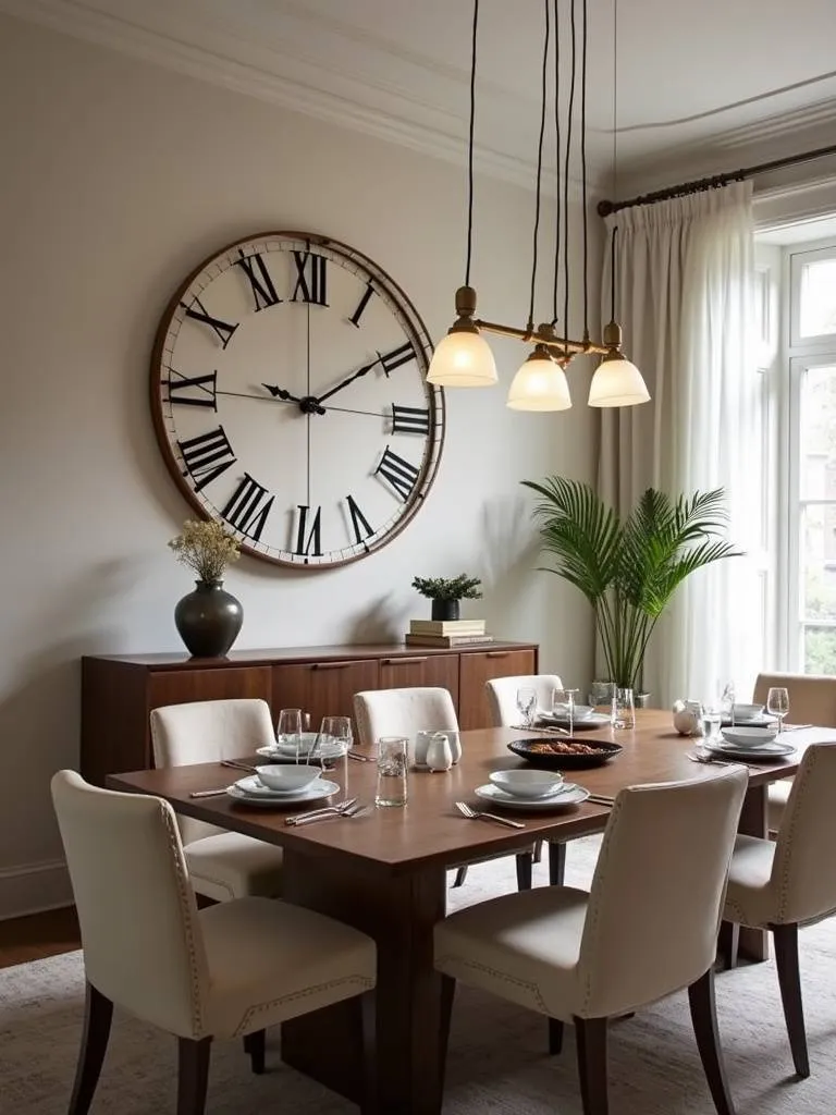 An oversized wall clock is a unique accent piece in the dining room.