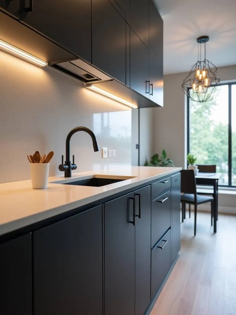 Modern kitchen featuring matte black faucet, cabinet handles, and light fixtures