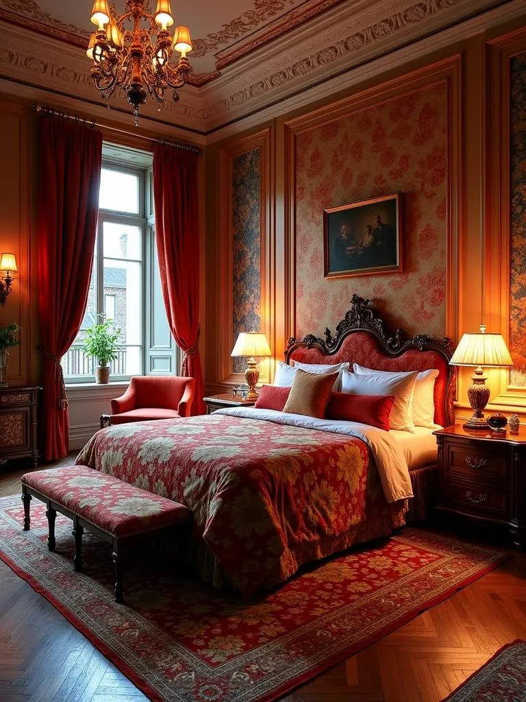 Lavish maximalist luxury bedroom filled with rich colors, bold patterns, and opulent details.