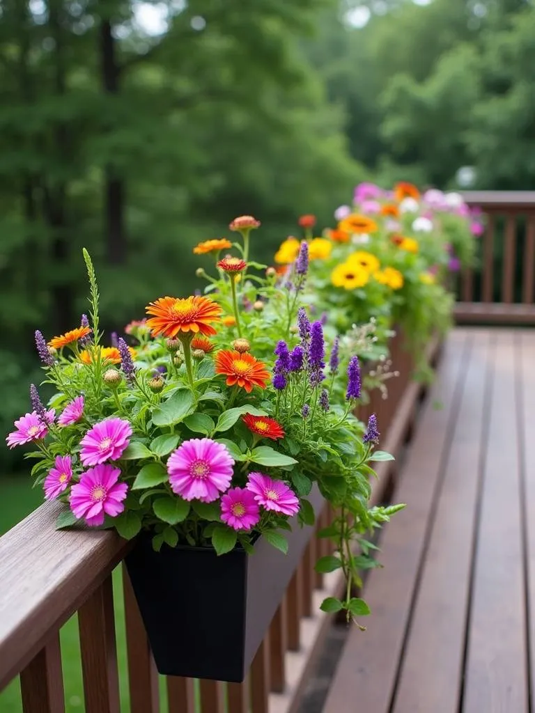 Deck railing lined with charming planter boxes filled with colorful flowers and greenery, maximizing railing space and adding a decorative and space-saving element to the outdoor area.