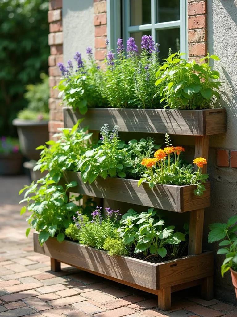 Space-saving patio garden featuring a multi-tiered planter filled with herbs, flowers, and vegetables, maximizing vertical growing space.