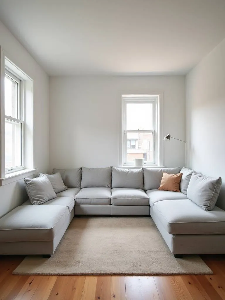 “Modern living room featuring a light grey modular sofa system arranged in an L-shape, maximizing space and offering flexible seating.”