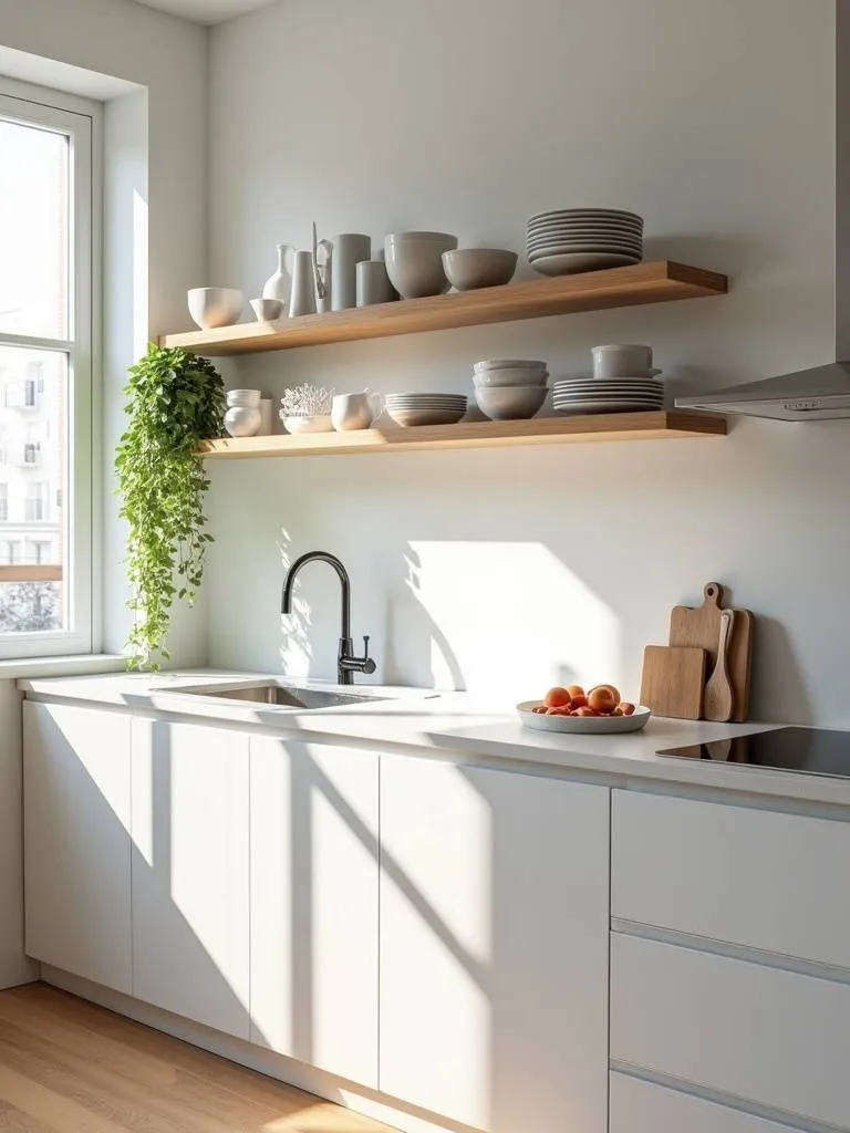Apartment kitchen with floating shelves above the counter, maximizing vertical storage space.