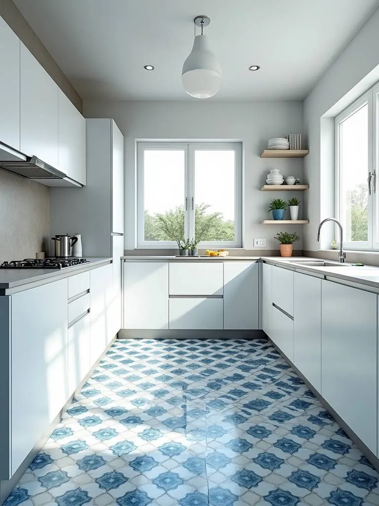 A modern kitchen with mediterranean blue patterned tiles.