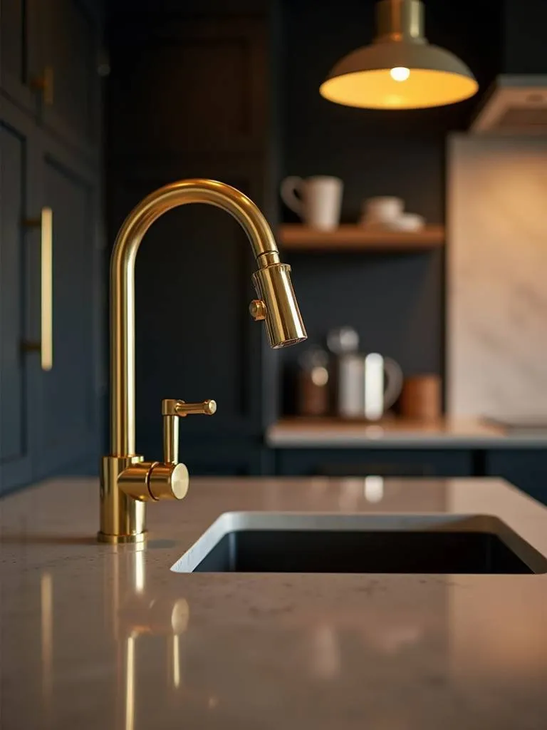Contemporary kitchen with gold metallic accents in faucet, hardware, and lighting